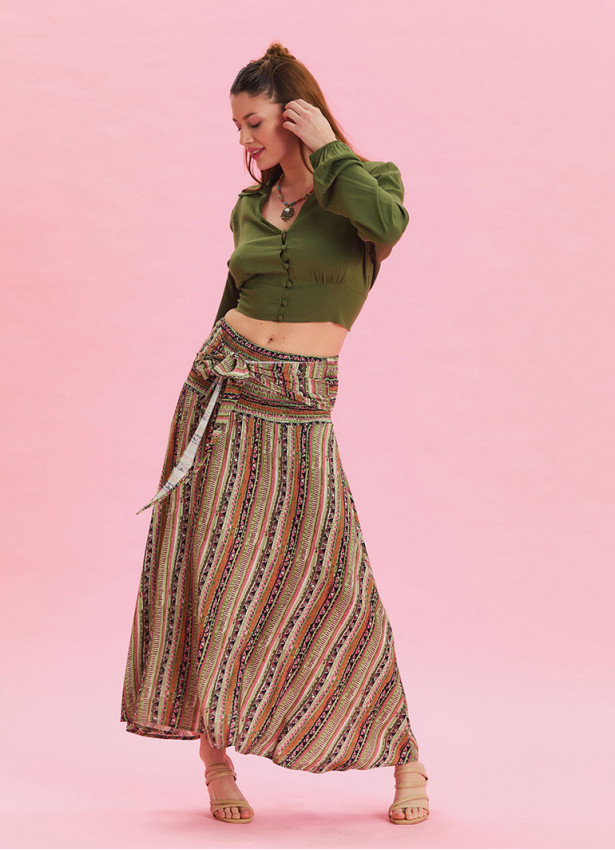 Gipe Waist Tied Khaki Patterned Long Skirt 4496